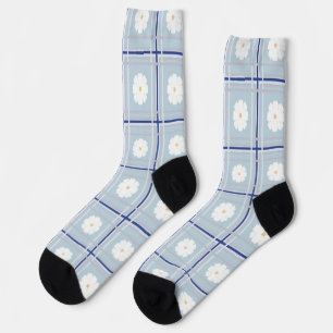 Blue Checkered Daisy pattern Socks