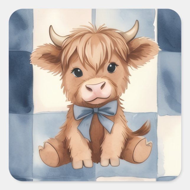 Blue Checkered Highland Cow Cute Gift  Square Sticker (Front)