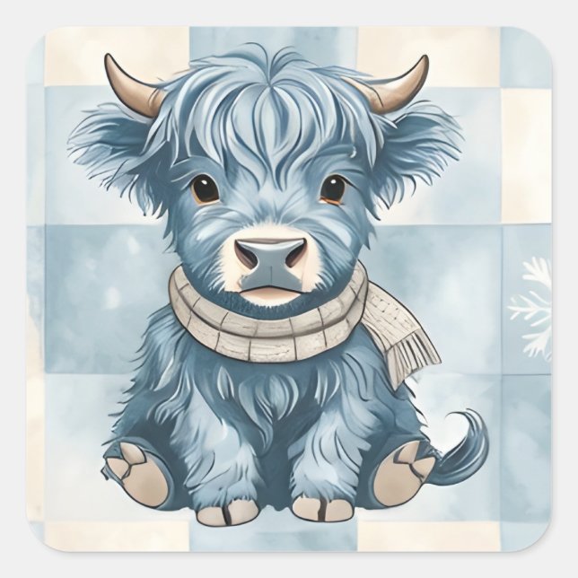 Blue Checkered Highland Cow Cute Square Sticker (Front)