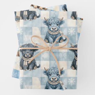 Blue Checkered Highland Cow Cute Wrapping Paper Sheet