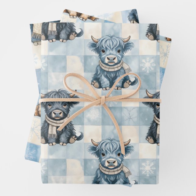 Blue Checkered Highland Cow Cute Wrapping Paper Sheet (In situ)