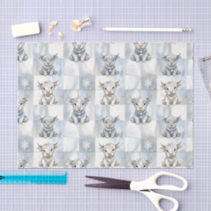 Blue Checkered Highland Cow Snowflake Cool Winter Tissue Paper