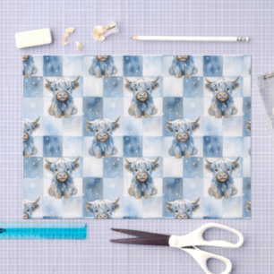 Blue Checkered Highland Cow Snowflake Winter Tissue Paper