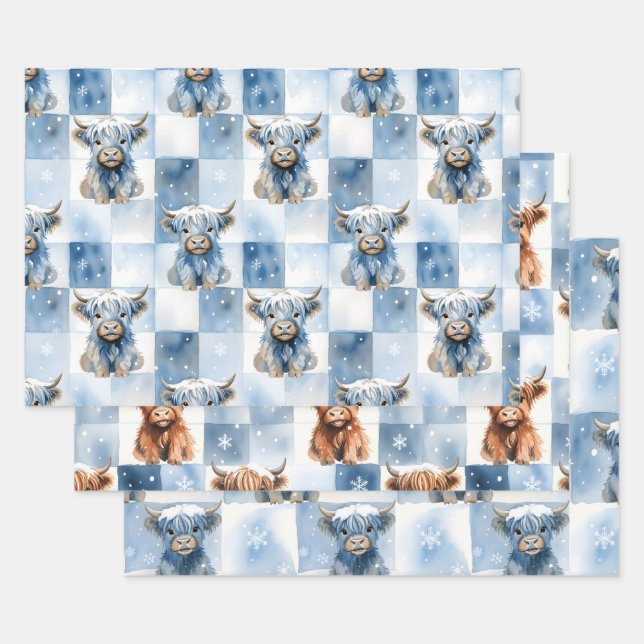 Blue Checkered Highland Cow Snowflake Winter Wrapping Paper Sheet (Set)