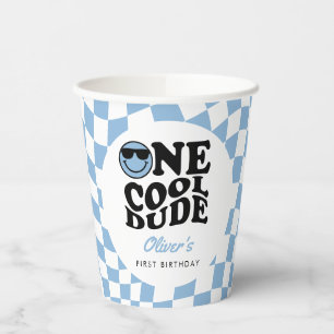 Blue Checkered Smile One Cool Dude 1st Birthday Paper Cups