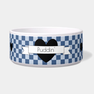 Blue Checkers with Heart Ceramic Pet Bowl - HAMbWG