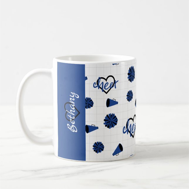 Blue Cheer Hearts, Pom Poms, Megaphone Pattern Coffee Mug (Left)