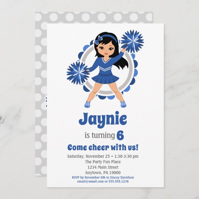 Blue Cheerleader Black Hair Girls Cheer Birthday Invitation (Front/Back)