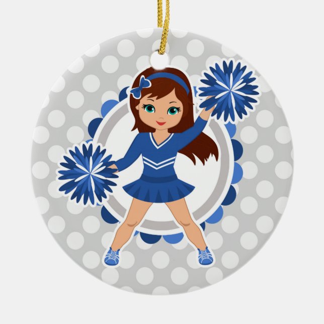 Blue Cheerleader Brunette - Cute Cheer Ceramic Ornament (Front)