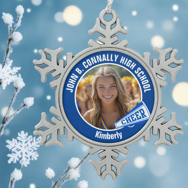 Blue Cheerleader Photo High School Snowflake Pewter Christmas Ornament (Creator Uploaded)