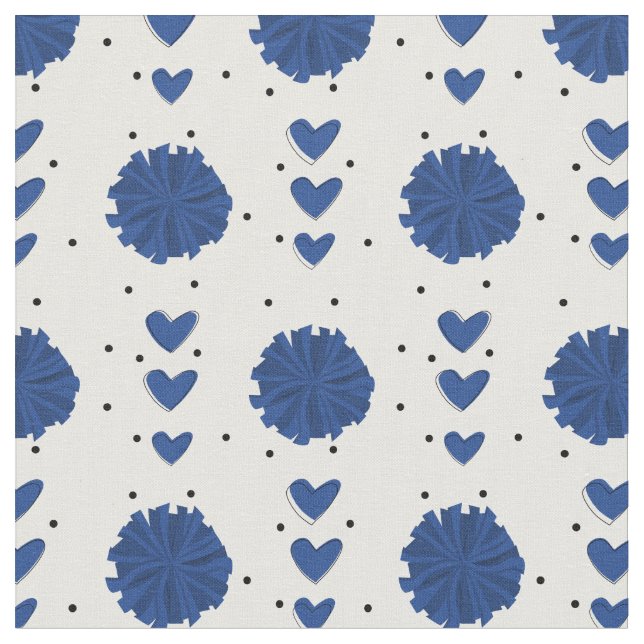 Blue Cheerleader Pom Poms & Hearts Pattern Fabric (Close Up)