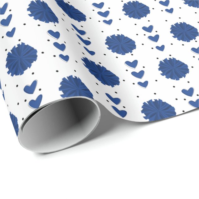 Blue Cheerleader Pom Poms & Hearts Pattern Wrapping Paper (Roll Corner)