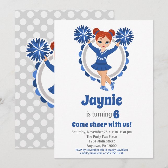 Blue Cheerleader - Redhead Girls Cheer Birthday Invitation (Front/Back)