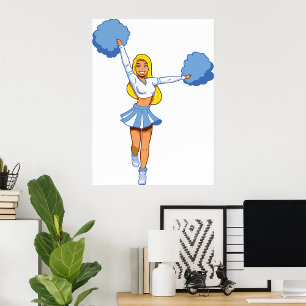 Blue Cheerleader with Pom Poms Cheer Squad Poster