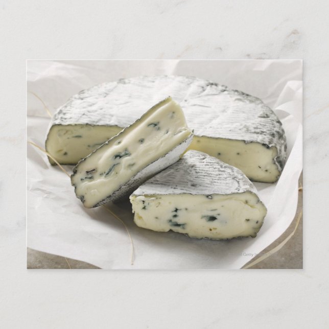 Blue cheese with pieces cut on paper postcard (Front)