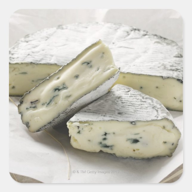Blue cheese with pieces cut on paper square sticker (Front)