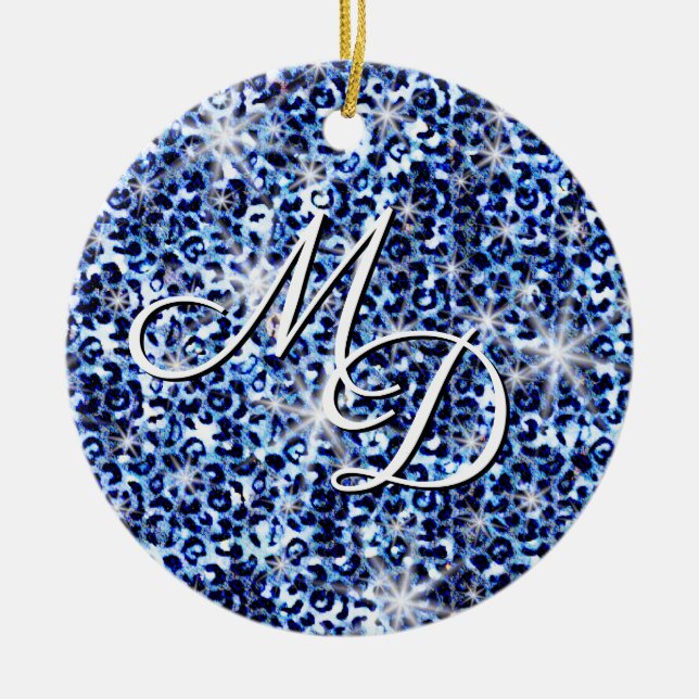 Blue Cheetah Sparkles Monogram Ceramic Ornament (Front)