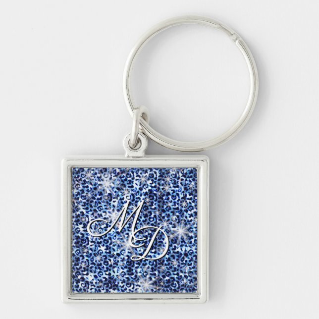 Blue Cheetah Sparkles Monogram Key Ring (Front)