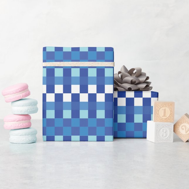 Blue Chequerboard Cute Modern Wrapping Paper (Baby Shower)