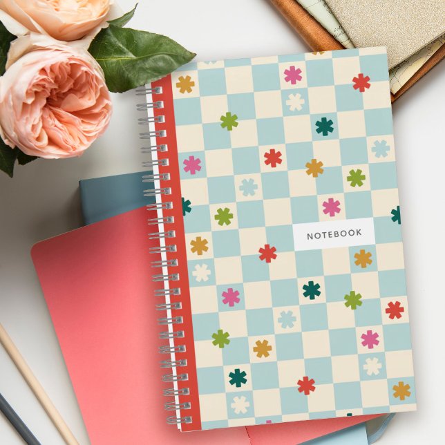 Blue Chequerboard Pattern Stars Flowers Notebook (Creator Uploaded)