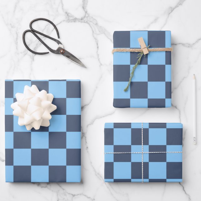 Blue Chequerboard Wrapping Paper Sheet (Front)