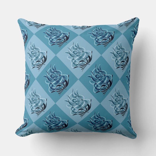 Blue Chequered Abstract Blue Roses Throw Pillow (Front)