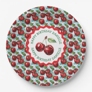 Blue Chequered Cherry Pattern Personalised Birthda Paper Plate
