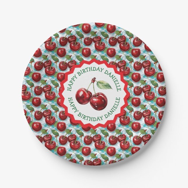 Blue Chequered Cherry Pattern Personalised Birthda Paper Plate (Front)