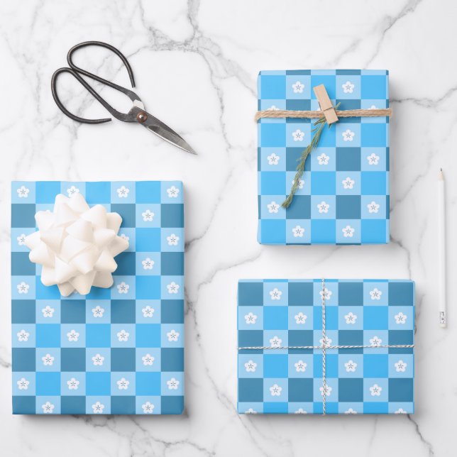 Blue Chequered Floral Wrapping Paper Sheet (Front)