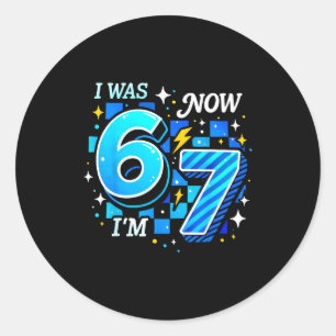 Blue chequered i was 6 i'm 7 funny 67 birthday boy classic round sticker