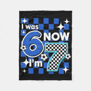 Blue Chequered I Was 6 Now I'm 7 Birthday Soccer B Fleece Blanket