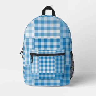 Blue Chequered Patchwork Pattern Printed Backpack