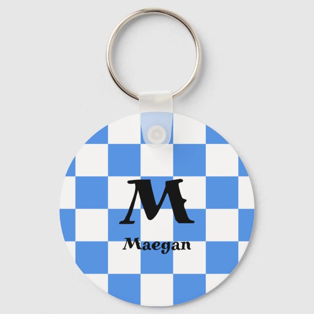 Blue Chequered Pattern Background Keychain (Front)