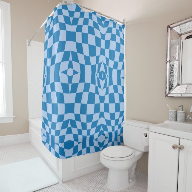 Blue Chequered Pattern Shower Curtain (In Situ)