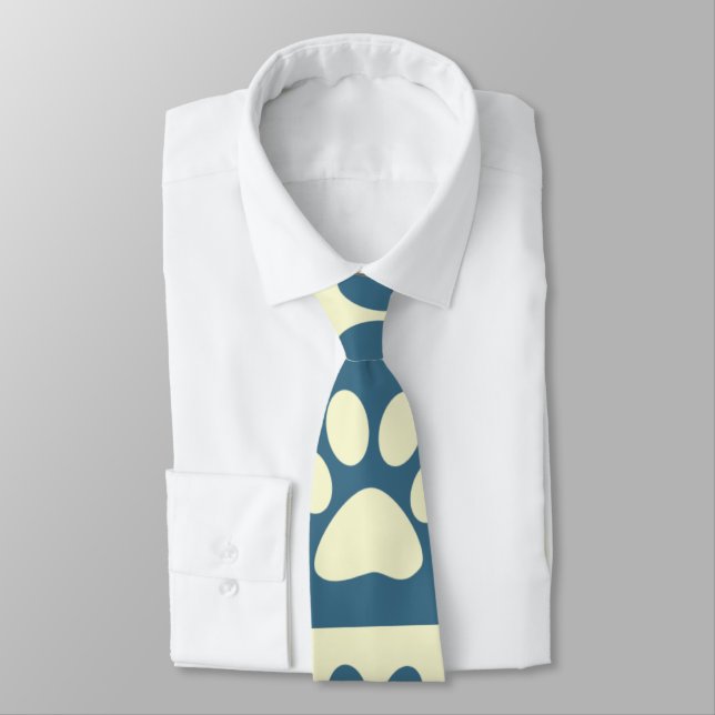 Blue Chequered Paw Pattern Tie (Tied)