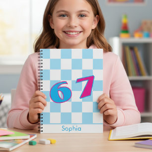 Blue Chequered Personalised Name 67 Number Design Notebook