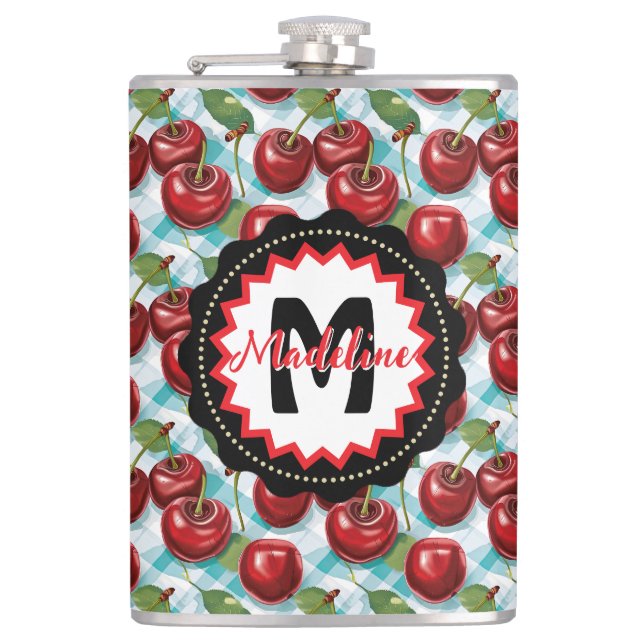 Blue Chequered Plaid Cherry Pattern Personalised Hip Flask (Front)