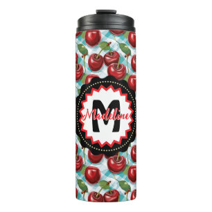 Blue Chequered Plaid Cherry Pattern Personalised Thermal Tumbler