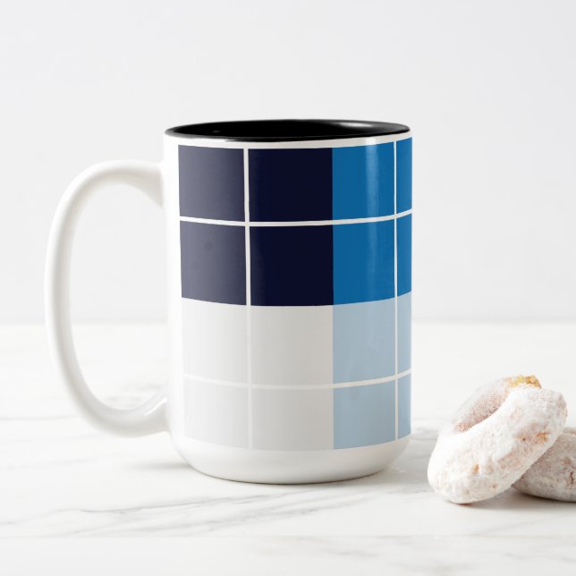 Blue Chequered Plaid  Two-Tone Coffee Mug (With Donut)