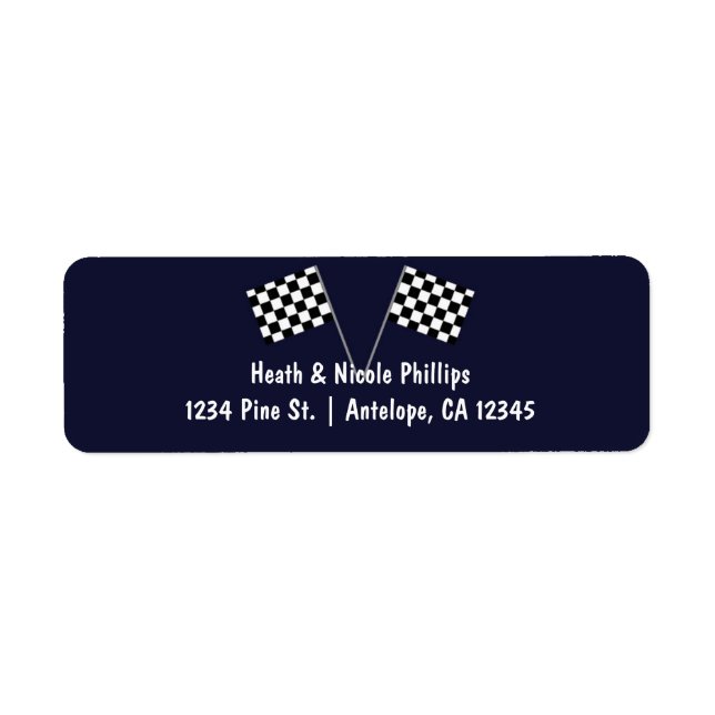 Blue & Chequered Racing Flag Party Address labels (Front)