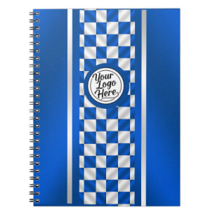 Blue Chequered Racing Stripe Logo Design Spiral Notebook
