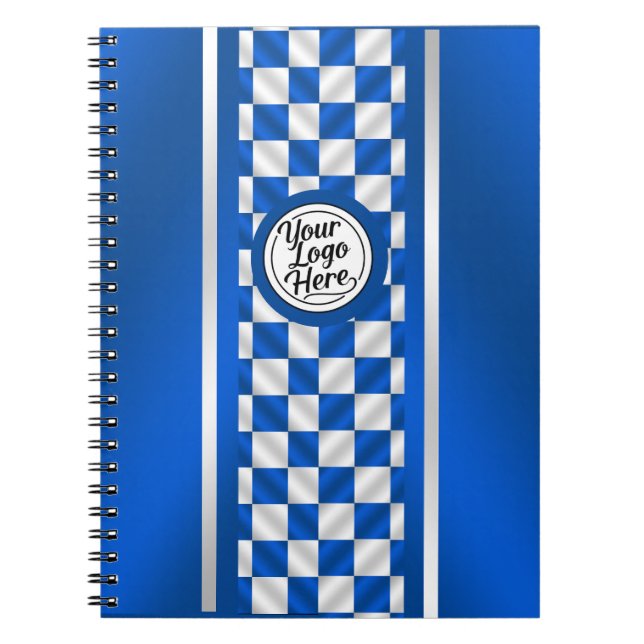 Blue Chequered Racing Stripe Logo Design Spiral Notebook (Front)