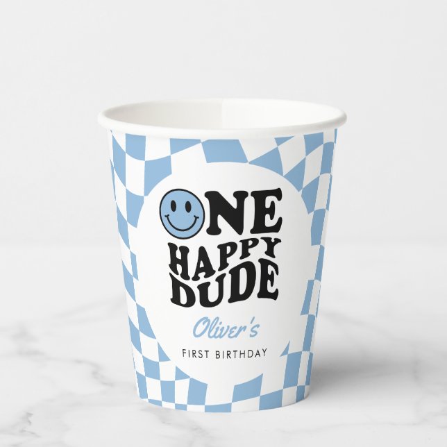 Blue Chequered Smile One Happy Dude 1st Birthday Paper Cups (Left)