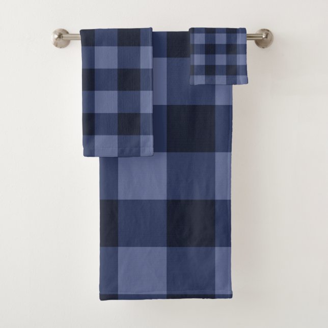 Blue Chequered Squares Plaid Bath Towel Set (Insitu)