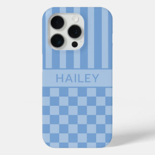 Blue Chequered Striped Personalised iPhone 15 Pro Case