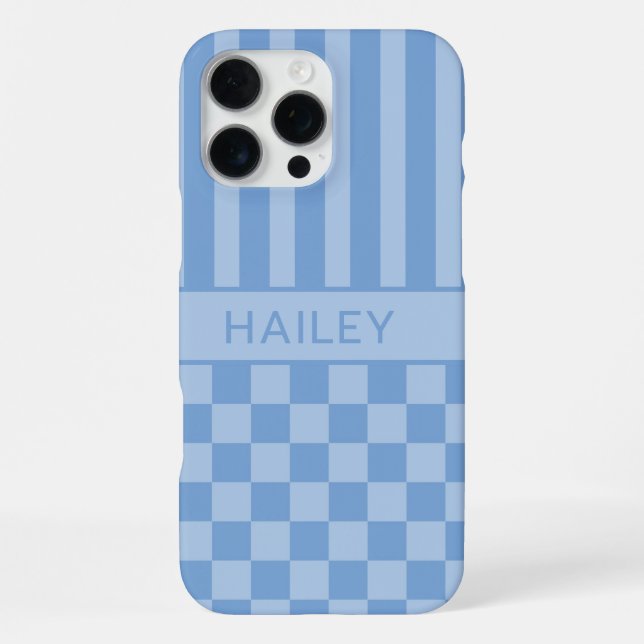 Blue Chequered Striped Personalised iPhone Case (Back)