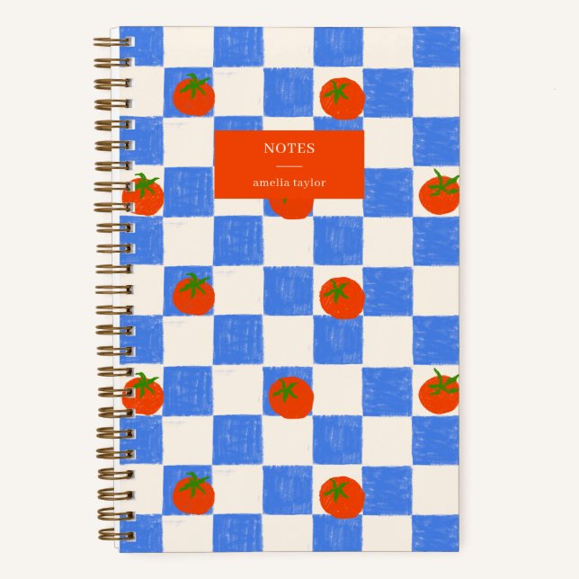 Blue Chequered Tomato Pattern Personalised Name Notebook (Front)