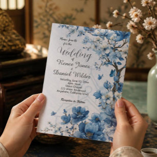 Blue Cherry Blossom Asian Wedding Invitation