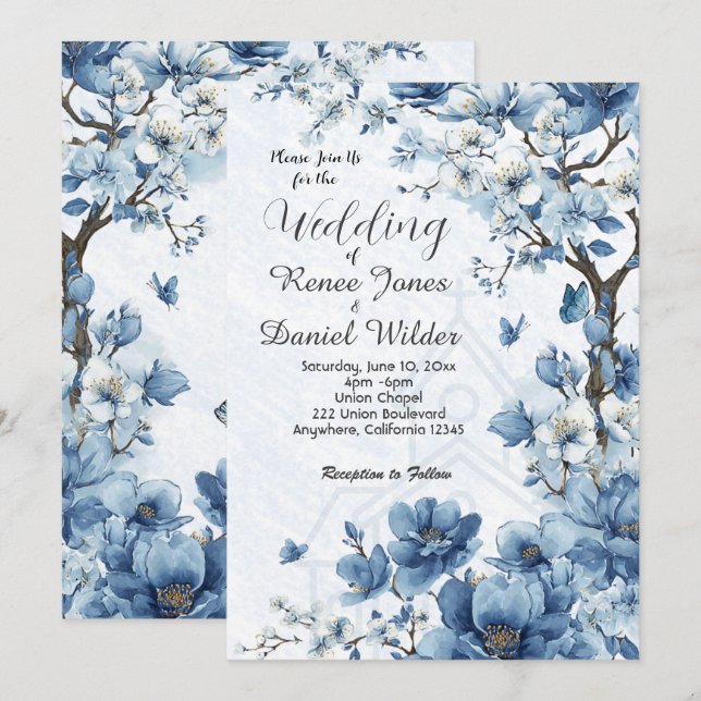 Blue Cherry Blossom Asian Wedding Invitation (Front/Back)