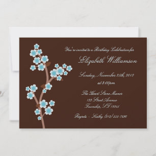Blue Cherry Blossom Brown Birthday Invitations